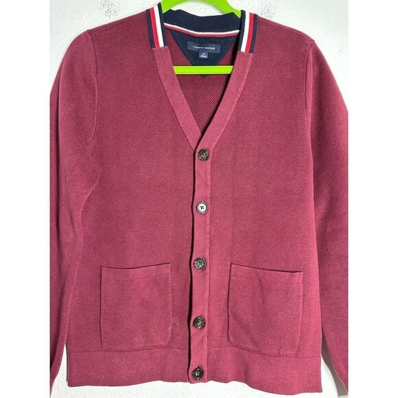 Tommy Hilfiger Men’s Cardigan Sweater Size SP Burgundy Cotton Button Up - Picture 2 of 13